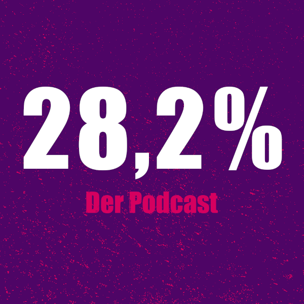 Das Logo des Podcasts. In weißer Schrift ist: 28,2%, und darunter in pinker Schrift: Der Podcast, zu lesen. Beides liegt auf lila Grund mit pinken Sprenkeln. Logo 28,2 %